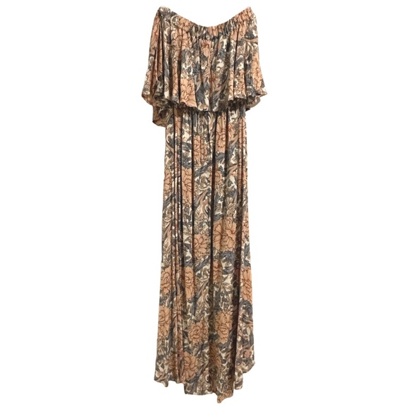 KORI America Peach Pink Off White Blue Floral Print Strapless Maxi Dress - Picture 1 of 4